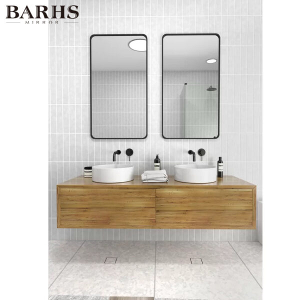 Stainless Steel Framed Radius Corner Bathroom Vanity Mirror - Image 3